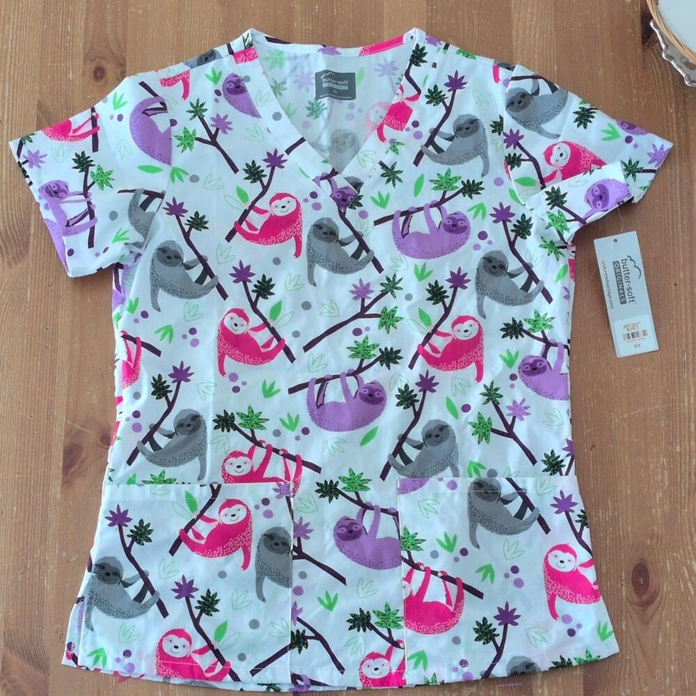 Butter-Soft Originals XS Sloth Animal Print Scrub Top Women Medical 2 pockets